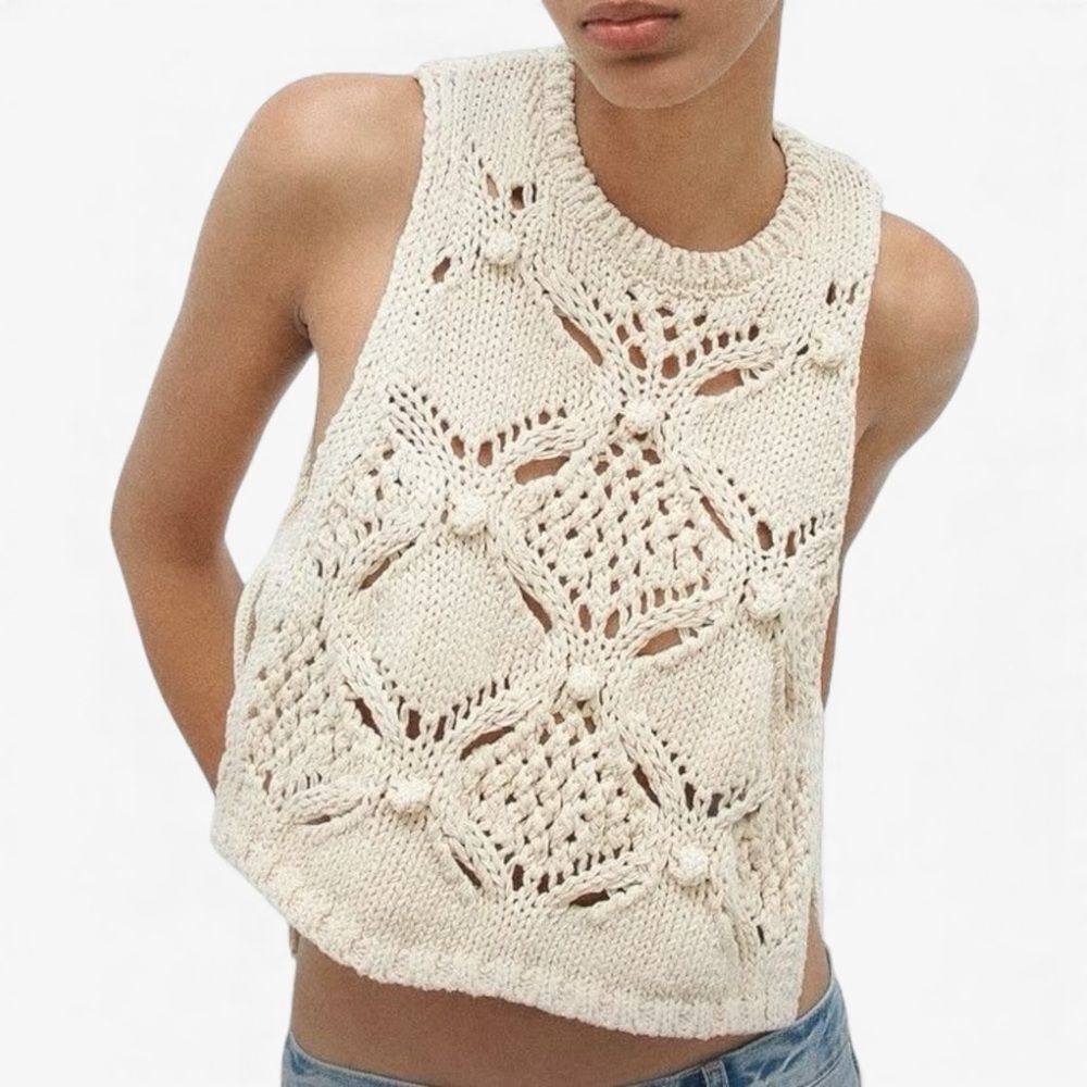 ZARA Cream Crochet Knit Side-Tie Tank Top Vest Women’s Size M Boho Summer